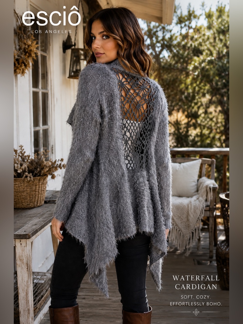 Escio Waterfall Gray Open Front fuzzy Cardigan Crochet Sweater L Whimsigoth Boho